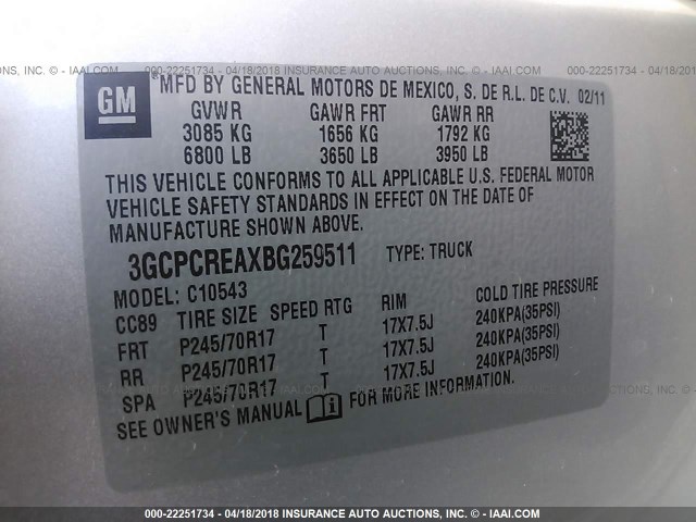 3GCPCREAXBG259511 - 2011 CHEVROLET SILVERADO C1500  LS SILVER photo 9