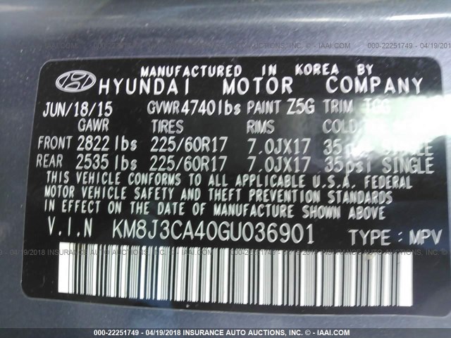 KM8J3CA40GU036901 - 2016 HYUNDAI TUCSON LIMITED/SPORT AND ECO/SE GRAY photo 9