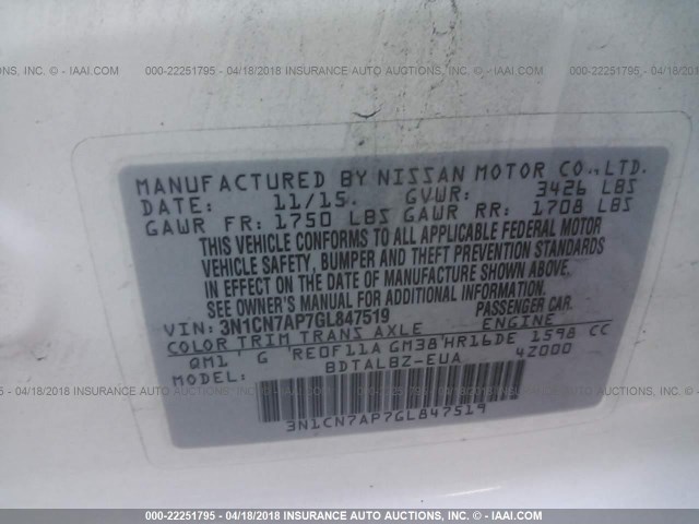 3N1CN7AP7GL847519 - 2016 NISSAN VERSA S/S PLUS/SV/SL WHITE photo 9