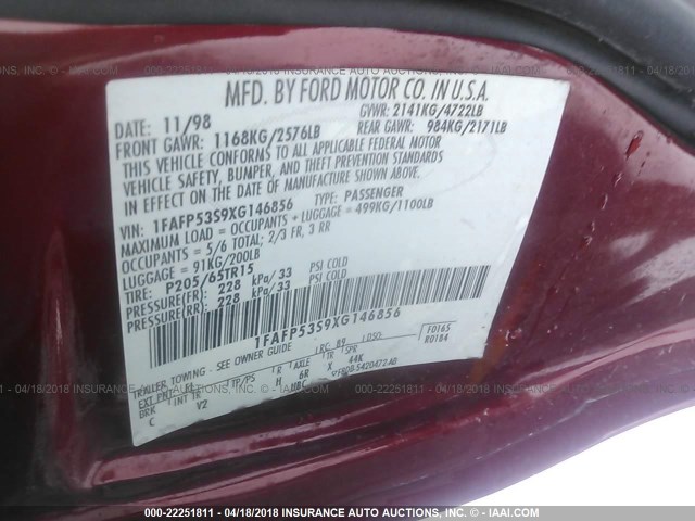 1FAFP53S9XG146856 - 1999 FORD TAURUS SE/COMFORT/SPORT RED photo 9