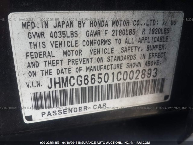 JHMCG66501C002893 - 2001 HONDA ACCORD LX BLACK photo 9