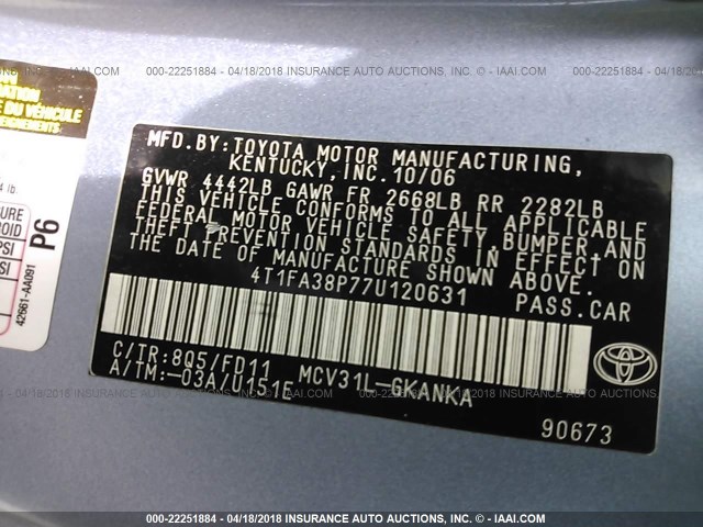 4T1FA38P77U120631 - 2007 TOYOTA CAMRY SOLARA SE/SLE ლურჯი ფოტო 9