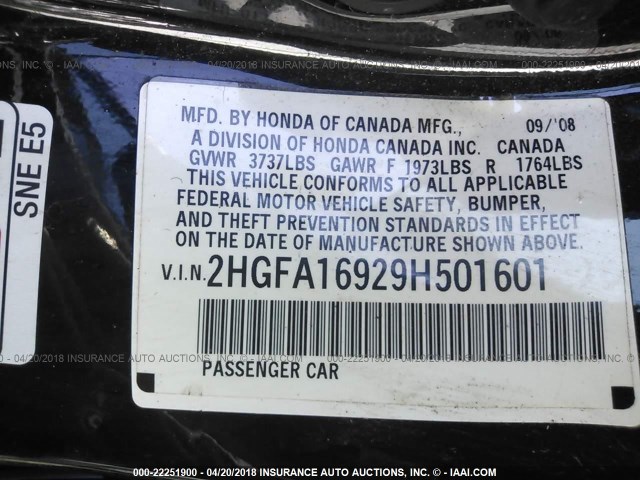 2HGFA16929H501601 - 2009 HONDA CIVIC EXL BLACK photo 9
