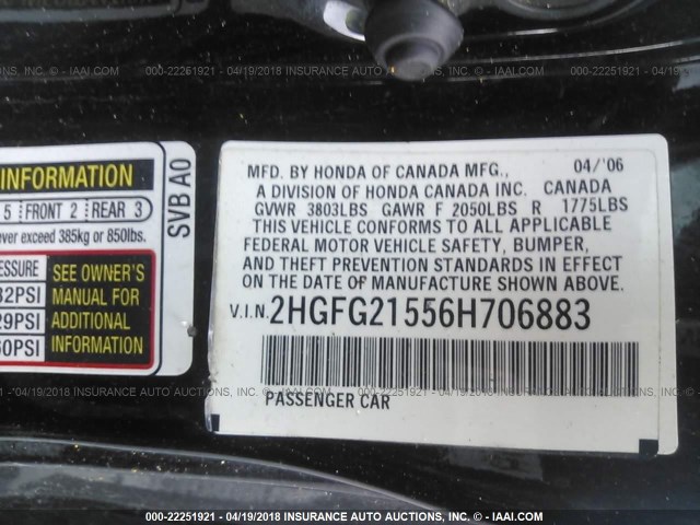 2HGFG21556H706883 - 2006 HONDA CIVIC SI BLACK photo 9