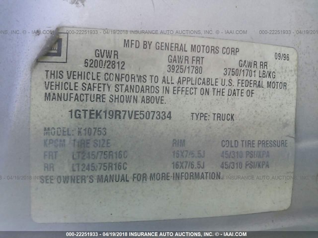 1GTEK19R7VE507334 - 1997 GMC SIERRA K1500 SILVER photo 9