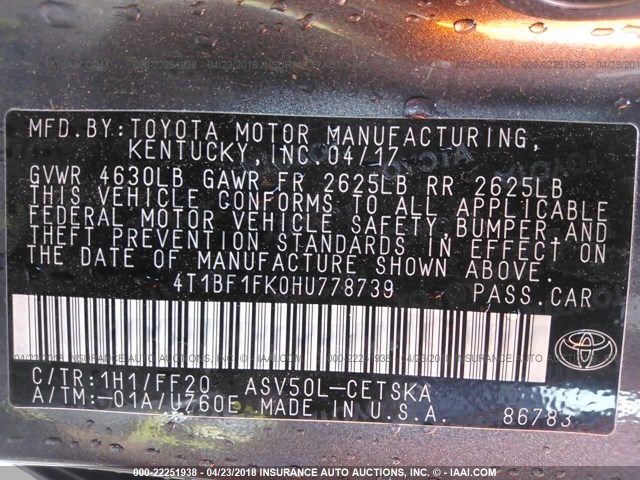 4T1BF1FK0HU778739 - 2017 TOYOTA CAMRY LE/XLE/SE/XSE ნაცრისფერი ფოტო 9