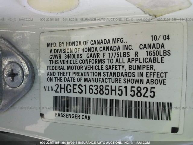 2HGES16385H515825 - 2005 HONDA CIVIC DX VP WHITE photo 9