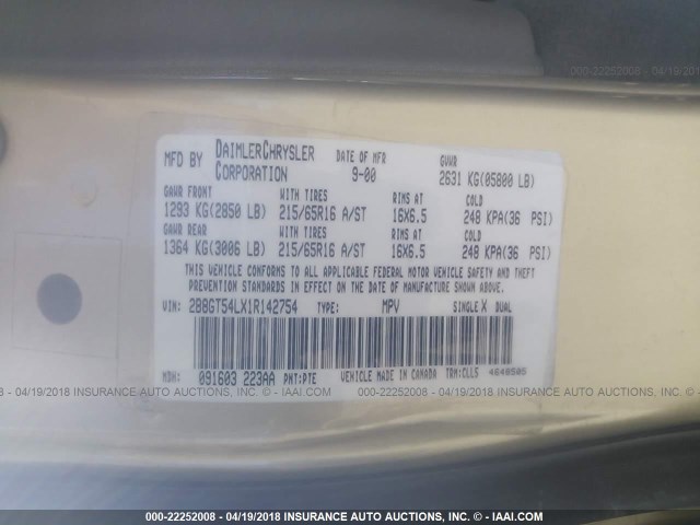 2B8GT54LX1R142754 - 2001 DODGE GRAND CARAVAN ES GOLD photo 9
