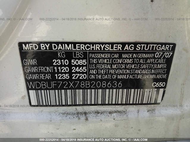 WDBUF72X78B208636 - 2008 MERCEDES-BENZ E 550 WHITE photo 9