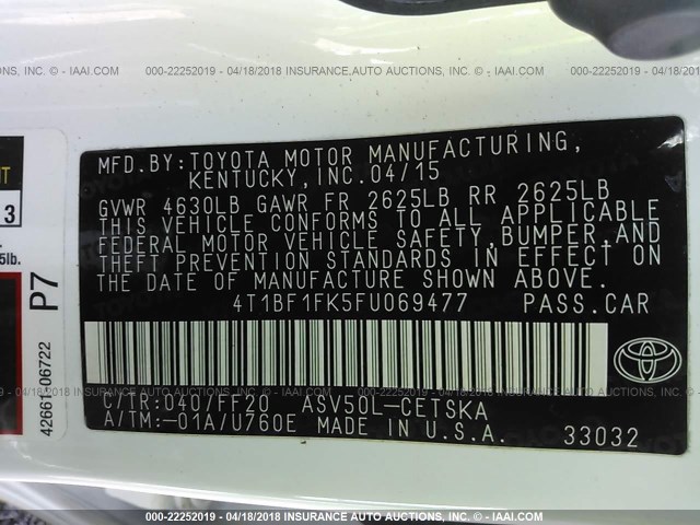 4T1BF1FK5FU069477 - 2015 TOYOTA CAMRY LE/XLE/SE/XSE WHITE photo 9