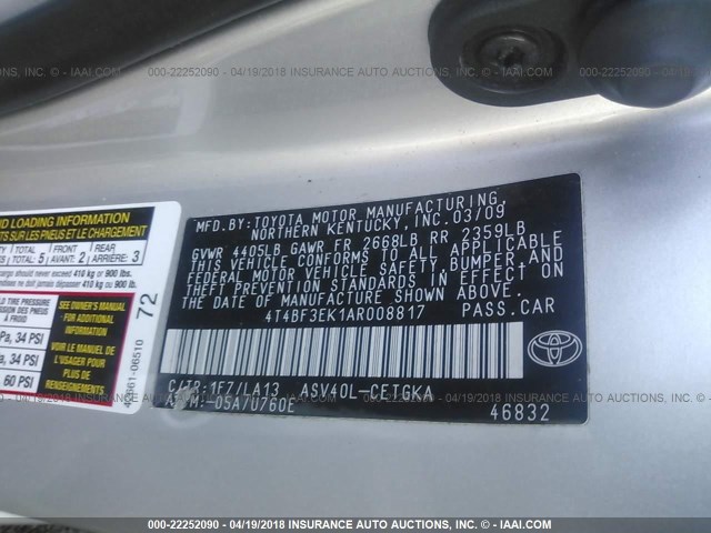 4T4BF3EK1AR008817 - 2010 TOYOTA CAMRY SE/LE/XLE SILVER photo 9