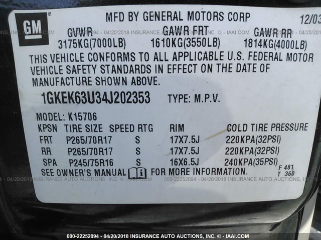 1GKEK63U34J202353 - 2004 GMC YUKON DENALI BLACK photo 9