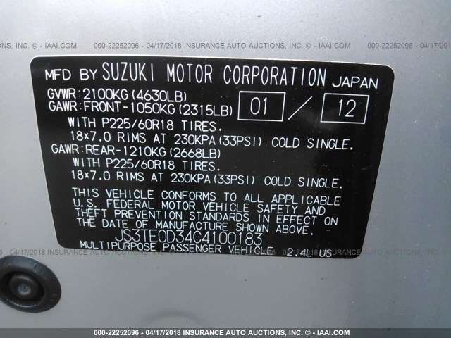 JS3TE0D34C4100183 - 2012 SUZUKI GRAND VITARA SE SILVER photo 9