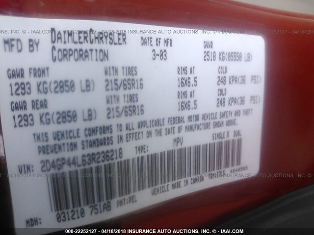 2D4GP44L63R236218 - 2003 DODGE GRAND CARAVAN SPORT RED photo 9