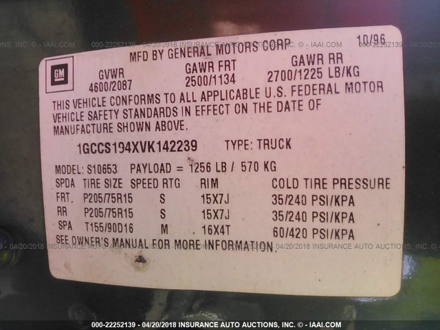 1GCCS194XVK142239 - 1997 CHEVROLET S TRUCK S10 GREEN photo 9