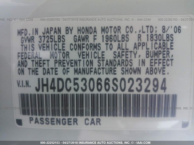 JH4DC53066S023294 - 2006 ACURA RSX TYPE-S WHITE photo 9