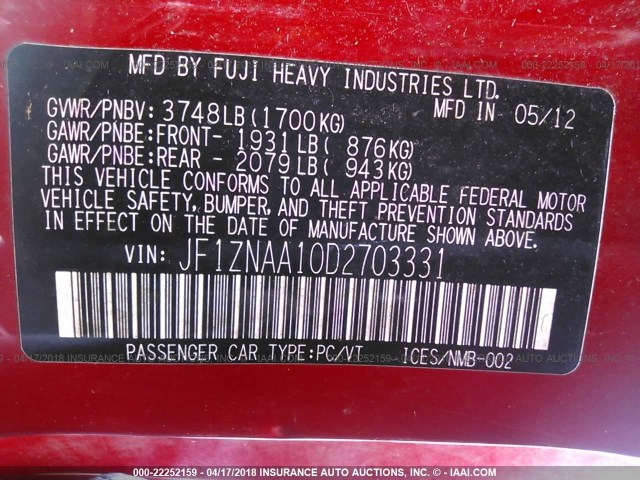 JF1ZNAA10D2703331 - 2013 TOYOTA SCION FR-S RED photo 9