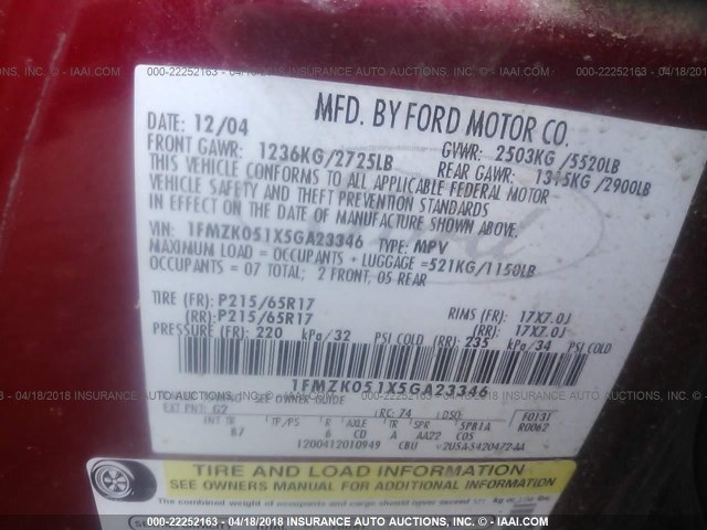 1FMZK051X5GA23346 - 2005 FORD FREESTYLE SEL MAROON photo 9