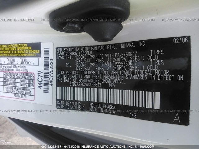 5TDZA22C26S456613 - 2006 TOYOTA SIENNA XLE/XLE LIMITED WHITE photo 9