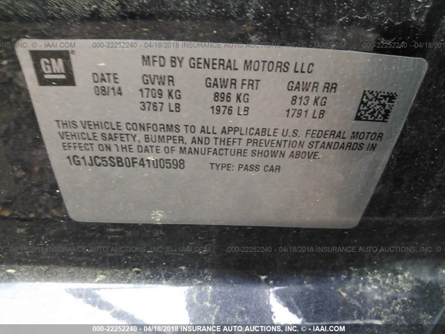 1G1JC5SB0F4100598 - 2015 CHEVROLET SONIC LT BLACK photo 9