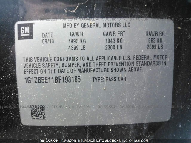 1G1ZB5E11BF193185 - 2011 CHEVROLET MALIBU LS შავი ფოტო 9