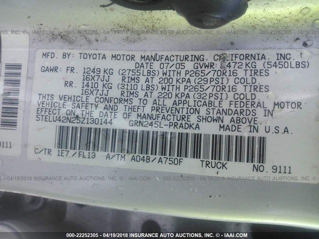 5TELU42N25Z130144 - 2005 TOYOTA TACOMA DOUBLE CAB 银色 照片 9