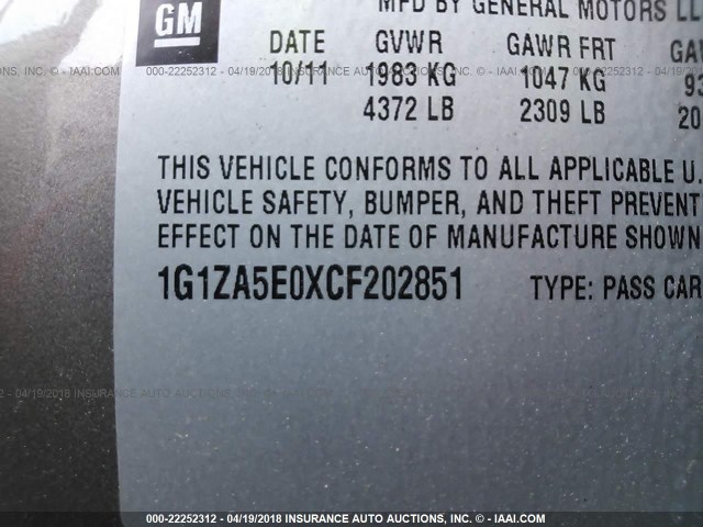 1G1ZA5E0XCF202851 - 2012 CHEVROLET MALIBU LS მწვანე ფოტო 9