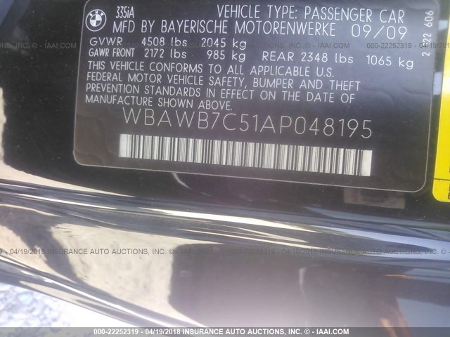 WBAWB7C51AP048195 - 2010 BMW 335 I BLACK photo 9