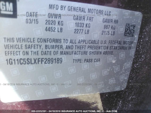 1G11C5SLXFF289189 - 2015 CHEVROLET MALIBU 1LT 栗色 照片 9