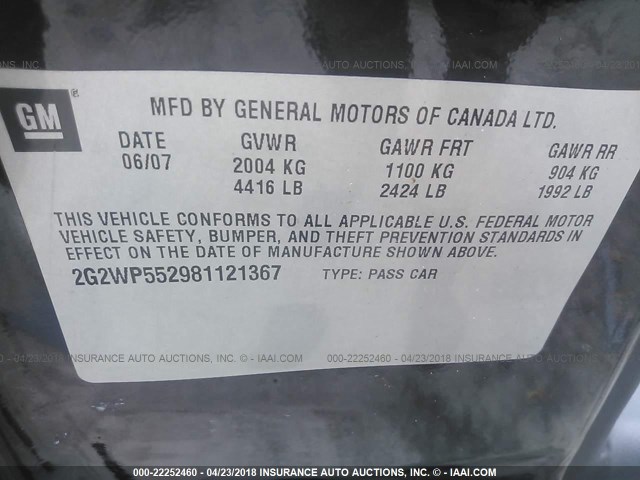 2G2WP552981121367 - 2008 PONTIAC GRAND PRIX BLACK photo 9