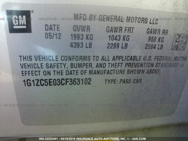 1G1ZC5E03CF363102 - 2012 CHEVROLET MALIBU 1LT 银色 照片 9