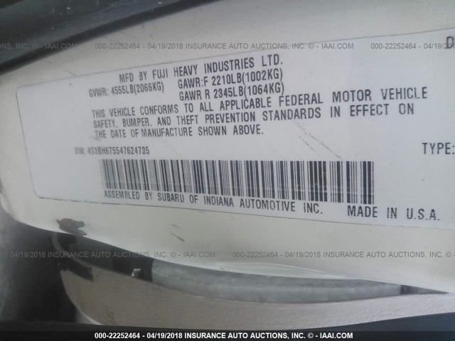 4S3BH675547624735 - 2004 SUBARU LEGACY OUTBACK AWP 白色 照片 9