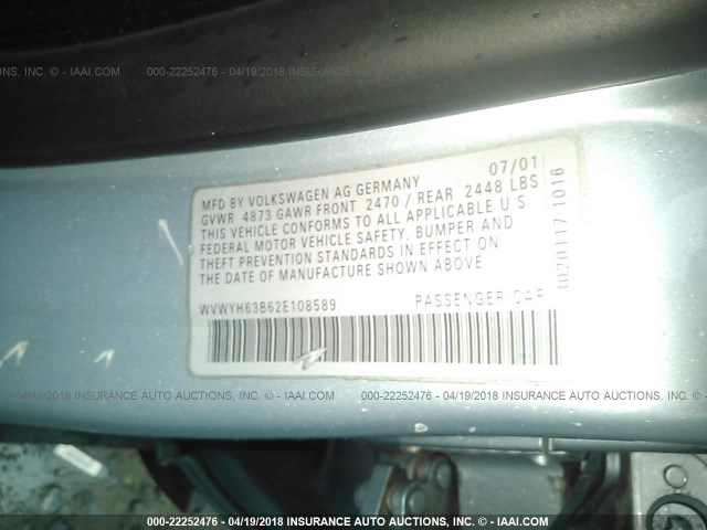 WVWYH63B62E108589 - 2002 VOLKSWAGEN PASSAT GLX 4MOTION SILVER photo 9