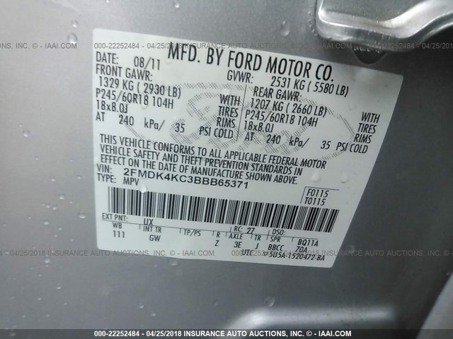 2FMDK4KC3BBB65371 - 2011 FORD EDGE LIMITED SILVER photo 9