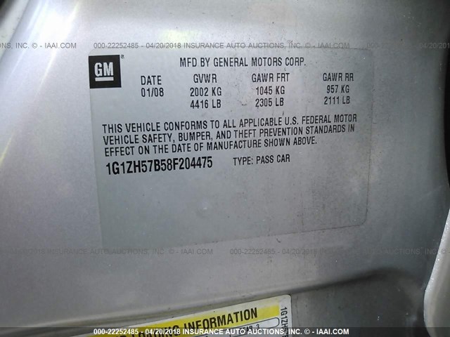 1G1ZH57B58F204475 - 2008 CHEVROLET MALIBU 1LT 银色 照片 9