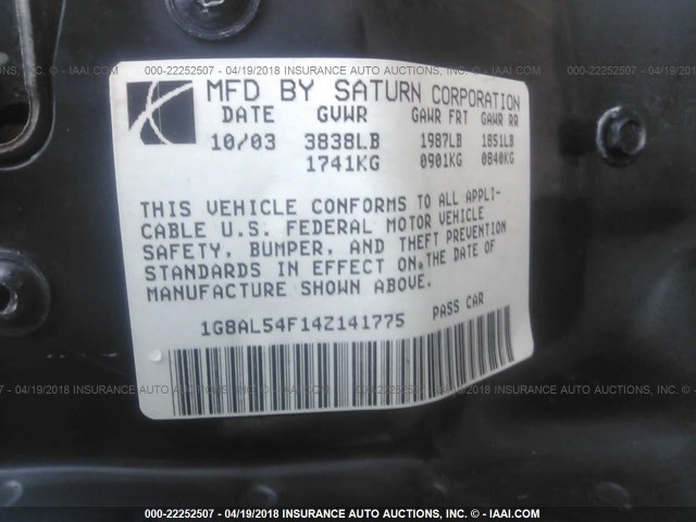 1G8AL54F14Z141775 - 2004 SATURN ION LEVEL 3 GOLD photo 9