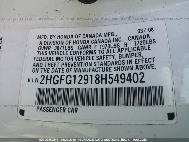 2HGFG12918H549402 - 2008 HONDA CIVIC EXL WHITE photo 9