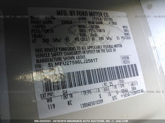 5LMFU27596LJ25817 - 2006 LINCOLN NAVIGATOR WHITE photo 9