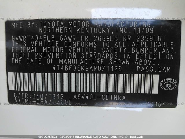 4T4BF3EK9AR071129 - 2010 TOYOTA CAMRY SE/LE/XLE WHITE photo 9