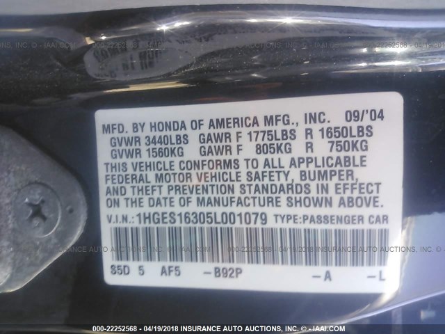 1HGES16305L001079 - 2005 HONDA CIVIC DX VP Qara foto 9