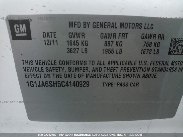 1G1JA6SH5C4140929 - 2012 CHEVROLET SONIC LS 白色 照片 9