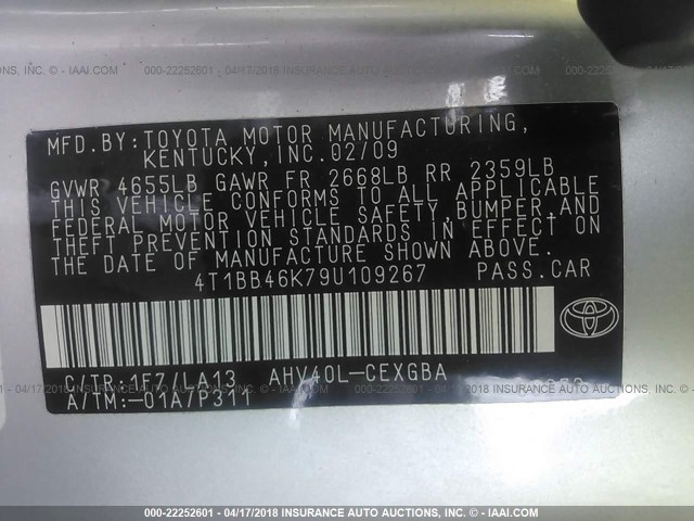 4T1BB46K79U109267 - 2009 TOYOTA CAMRY HYBRID SILVER photo 9