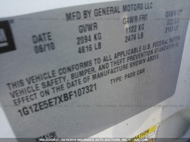 1G1ZE5E7XBF107321 - 2011 CHEVROLET MALIBU LTZ 白色 照片 9