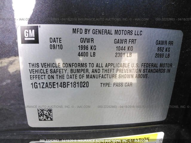 1G1ZA5E14BF181020 - 2011 CHEVROLET MALIBU LS 灰色 照片 9