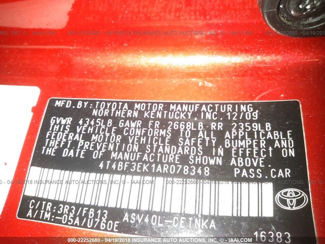 4T4BF3EK1AR078348 - 2010 TOYOTA CAMRY SE/LE/XLE 红色 照片 9
