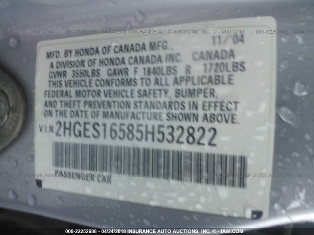 2HGES16585H532822 - 2005 HONDA CIVIC SILVER photo 9