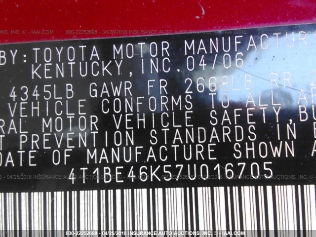 4T1BE46K57U016705 - 2007 TOYOTA CAMRY NEW GENERAT CE/LE/XLE/SE RED photo 9