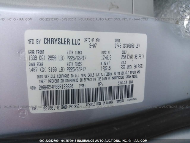 2A8HR54P88R139820 - 2008 CHRYSLER TOWN & COUNTRY TOURING SILVER photo 9