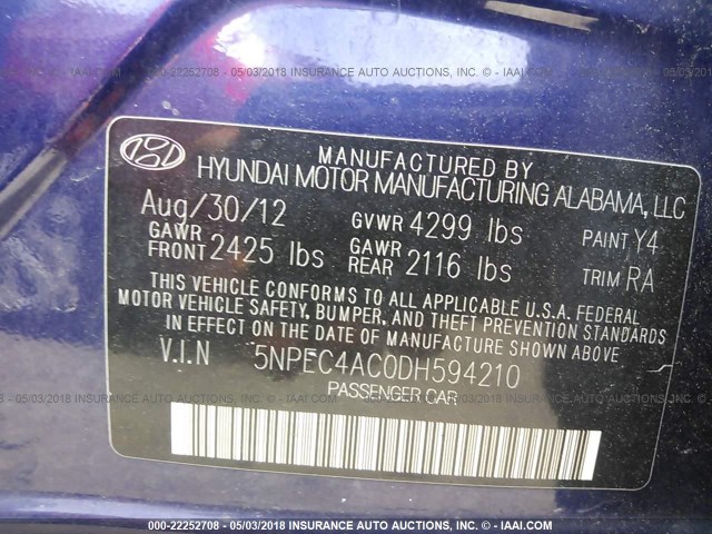 5NPEC4AC0DH594210 - 2013 HYUNDAI SONATA SE/LIMITED BLUE photo 9