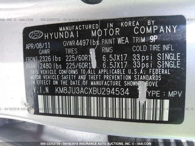 KM8JU3ACXBU294534 - 2011 HYUNDAI TUCSON GLS/LIMITED ვერცხლისფერი ფოტო 9